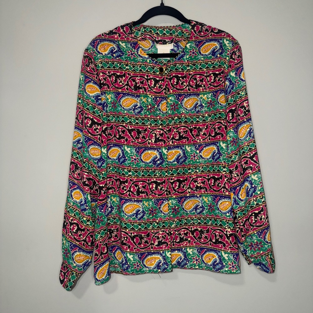 Vintage Christie & Jill Womens Size 16‎ Paisley Metallic Gold Foil Button Front